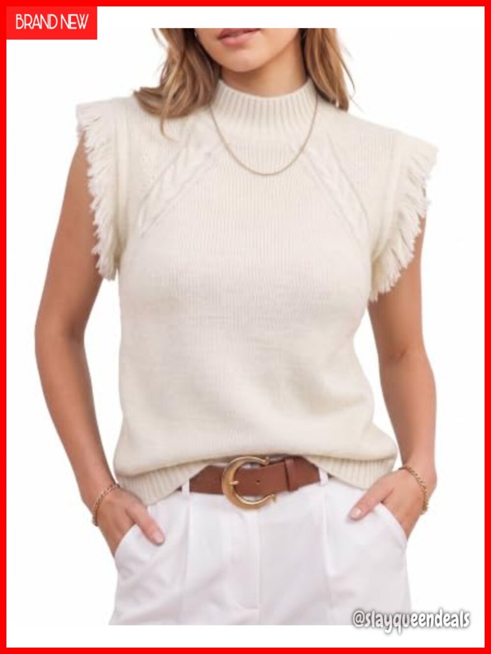 Women's Sleeveless Cable Knit Sweater Vest Mock Neck Fringe Boho Layering